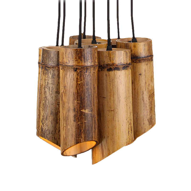 Eight-light Bamboo Hanging Lamp Antique Tube Suspension Light in Beige for Bistro Restaurant