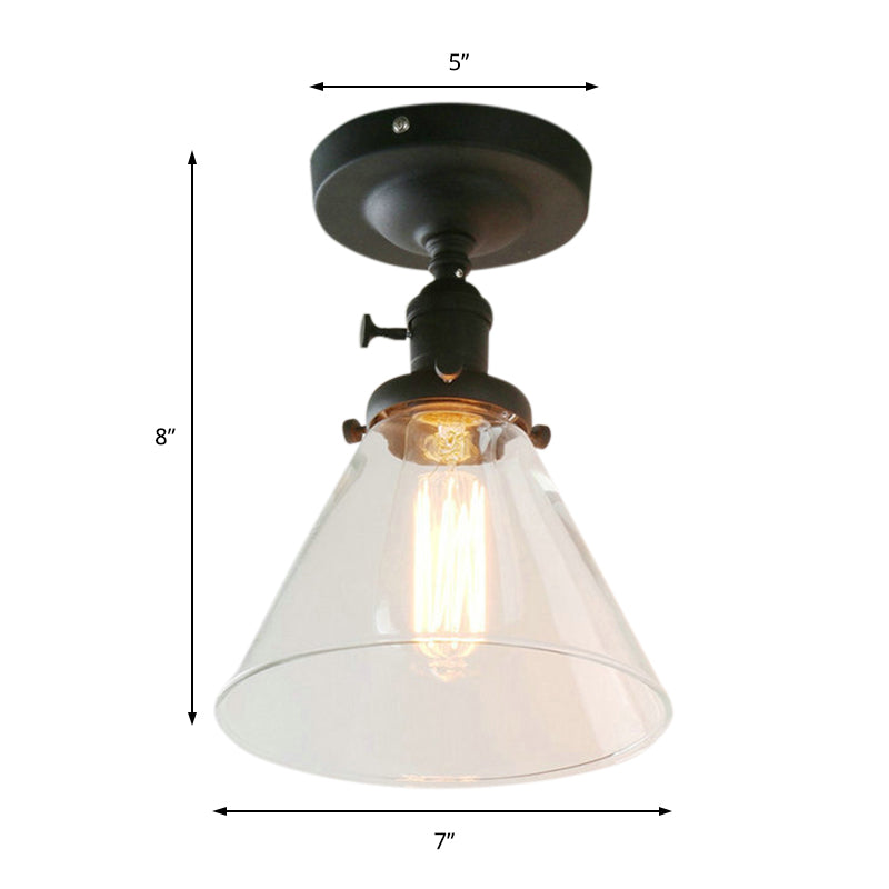 Plafonnier industriel noir à 1 ampoule, abat-jour conique en verre transparent, semi-affleurant pour le salon