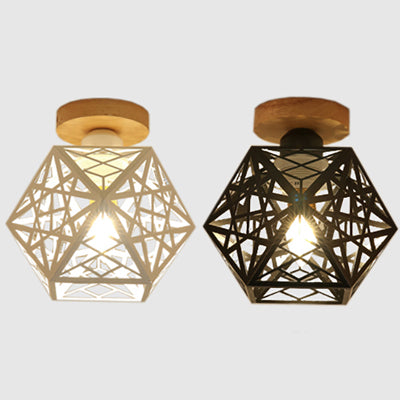 1 Bulb Metallic Semi Flush Mount Light Loft Style Black/White Pentagon Cage Living Room Ceiling Mounted Fixture
