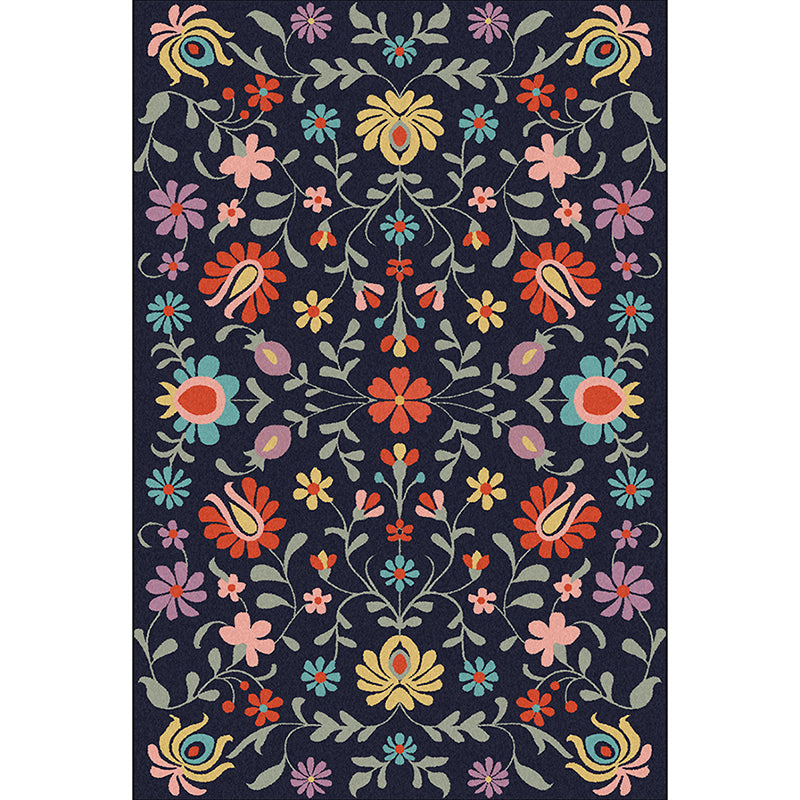 Classic Floral Pattern Rug with Leaf Navy Polyester Rug Machine Washable Non-Slip Area Rug for Bedroom