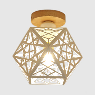 1 Bulb Metallic Semi Flush Mount Light Loft Style Black/White Pentagon Cage Living Room Ceiling Mounted Fixture