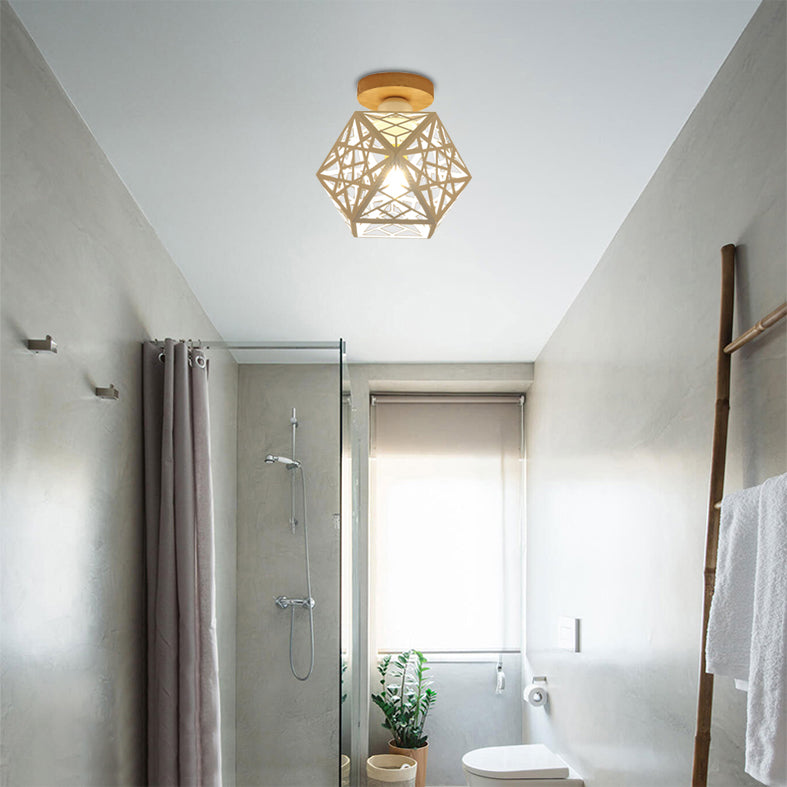 1 Bulb Metallic Semi Flush Mount Light Loft Style Black/White Pentagon Cage Living Room Ceiling Mounted Fixture