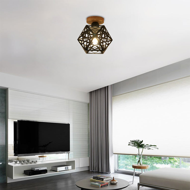 1 Bulb Metallic Semi Flush Mount Light Loft Style Black/White Pentagon Cage Living Room Ceiling Mounted Fixture
