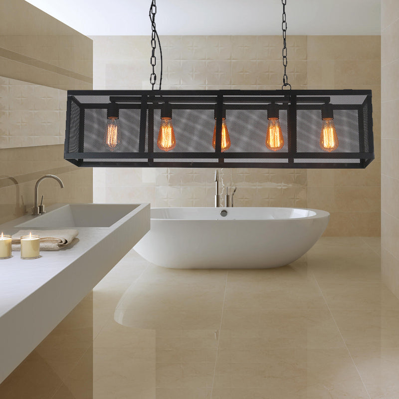 Rectangle Dining Room Island Pendant Light with Mesh Shade Industrial Iron 5 Heads Black Finish Hanging Lamp