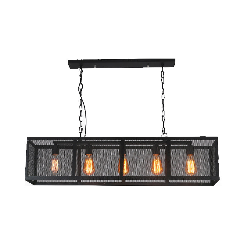 Rectangle Dining Room Island Pendant Light with Mesh Shade Industrial Iron 5 Heads Black Finish Hanging Lamp