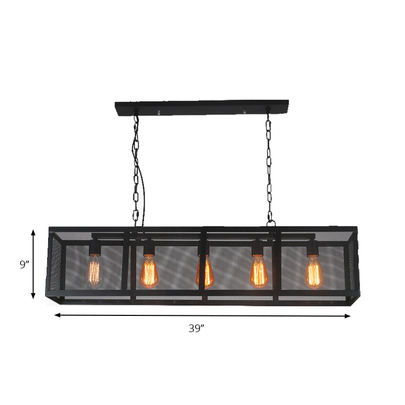 Rectangle Dining Room Island Pendant Light with Mesh Shade Industrial Iron 5 Heads Black Finish Hanging Lamp