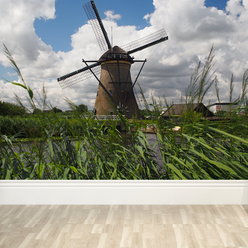 Full Size Photography Modern Mural Wallpaper with Spring Windmill Landscape in Blue