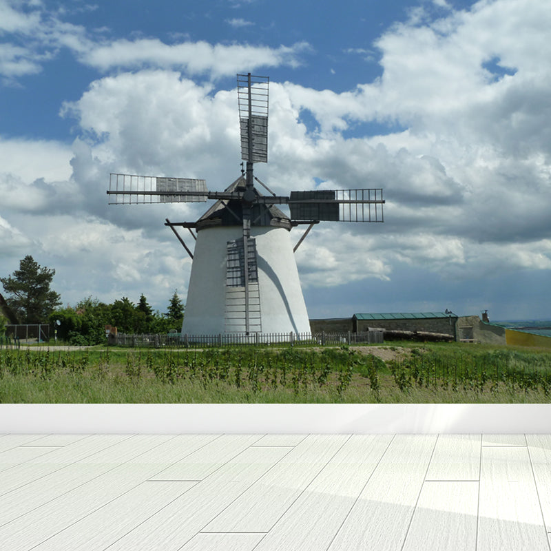 Full Size Photography Modern Mural Wallpaper with Spring Windmill Landscape in Blue