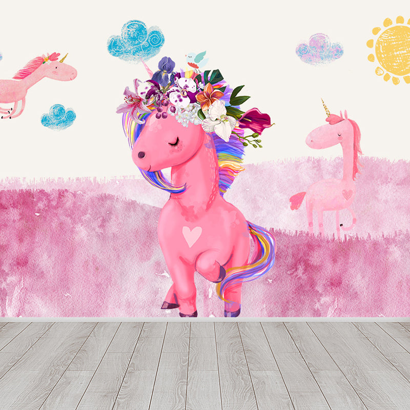 Standing Unicorn Mural Children's Art Non-Woven Cloth Wall Covering in Pastel Color