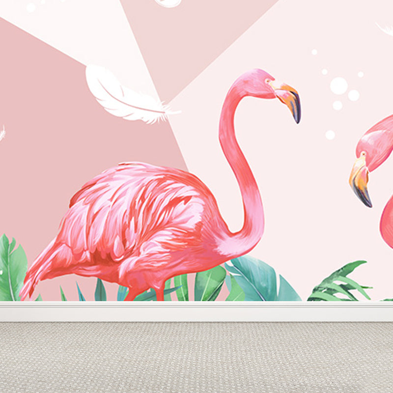 Flamingos and Leaves Wall Mural Modern Decorative Living Room Wall Covering, Custom