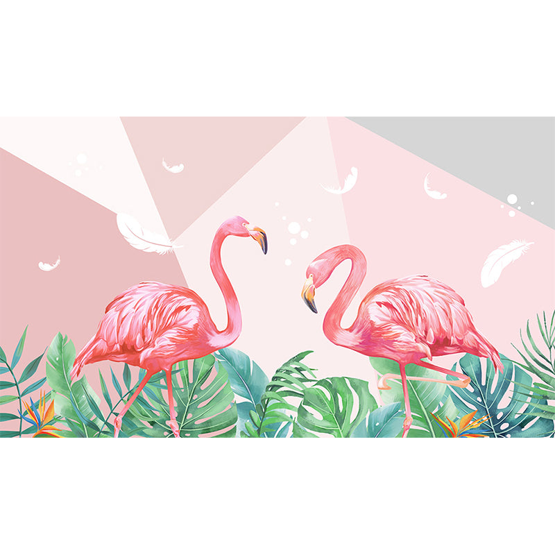 Flamingos and Leaves Wall Mural Modern Decorative Living Room Wall Covering, Custom