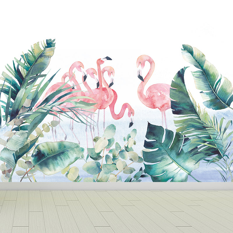Flamingos and Leaves Wall Mural Modern Decorative Living Room Wall Covering, Custom