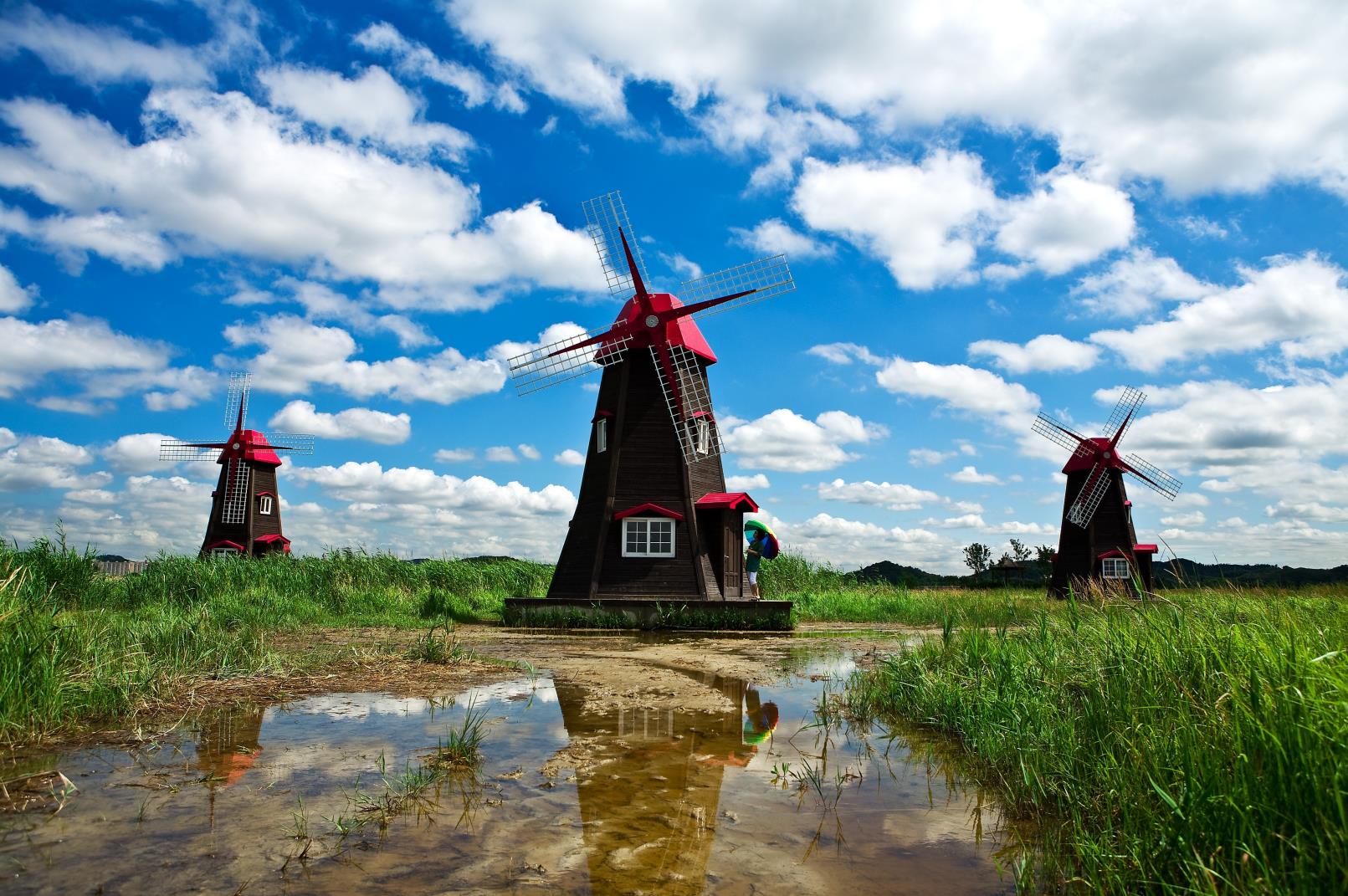 Huge Windmill Mural for Bathroom Nature Landscape Wall Art in Blue, Stain Resistant