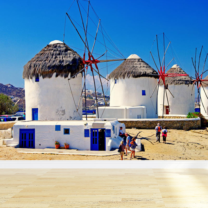 Huge Windmill Mural for Bathroom Nature Landscape Wall Art in Blue, Stain Resistant