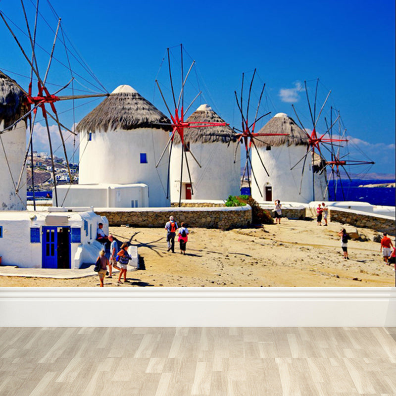 Huge Windmill Mural for Bathroom Nature Landscape Wall Art in Blue, Stain Resistant