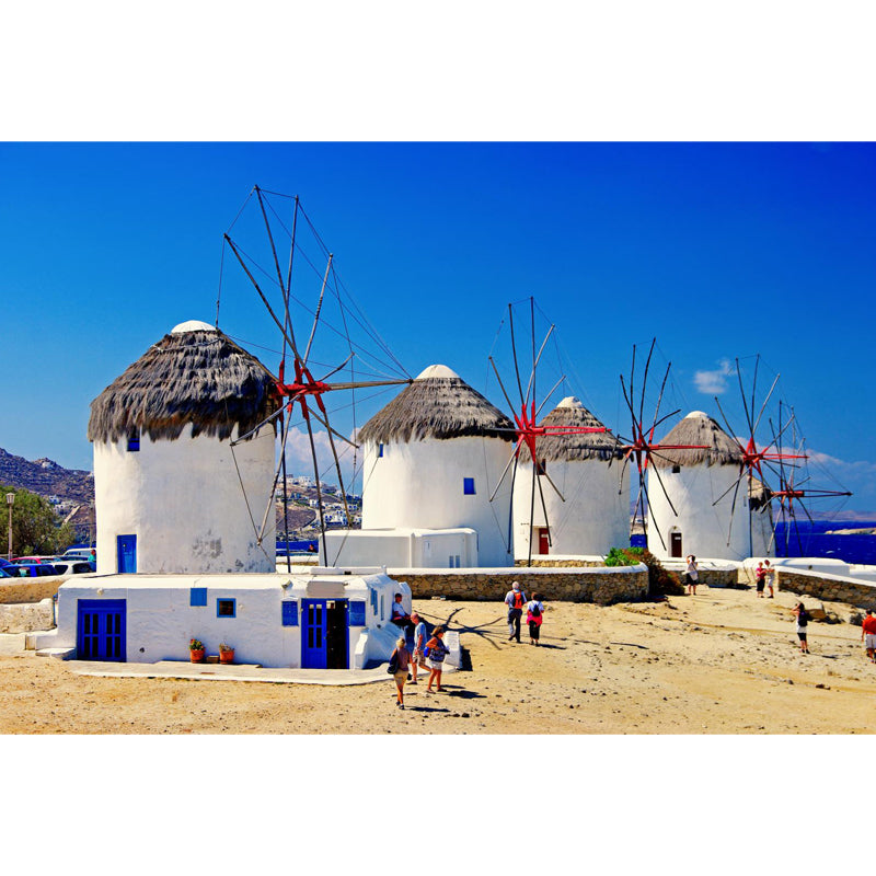 Huge Windmill Mural for Bathroom Nature Landscape Wall Art in Blue, Stain Resistant