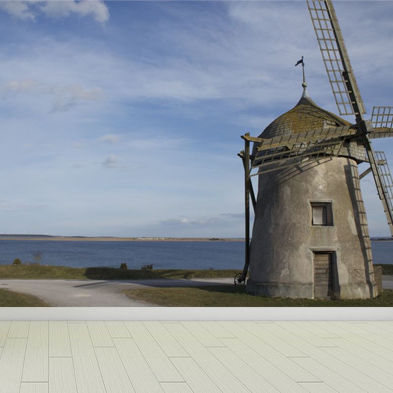 Romantic Windmill Scene Mural Decal for Girls Bedroom, Blue, Custom Size Available