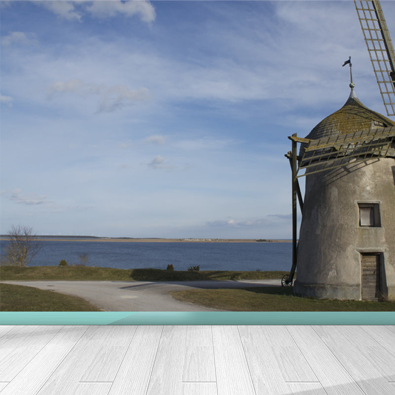 Romantic Windmill Scene Mural Decal for Girls Bedroom, Blue, Custom Size Available