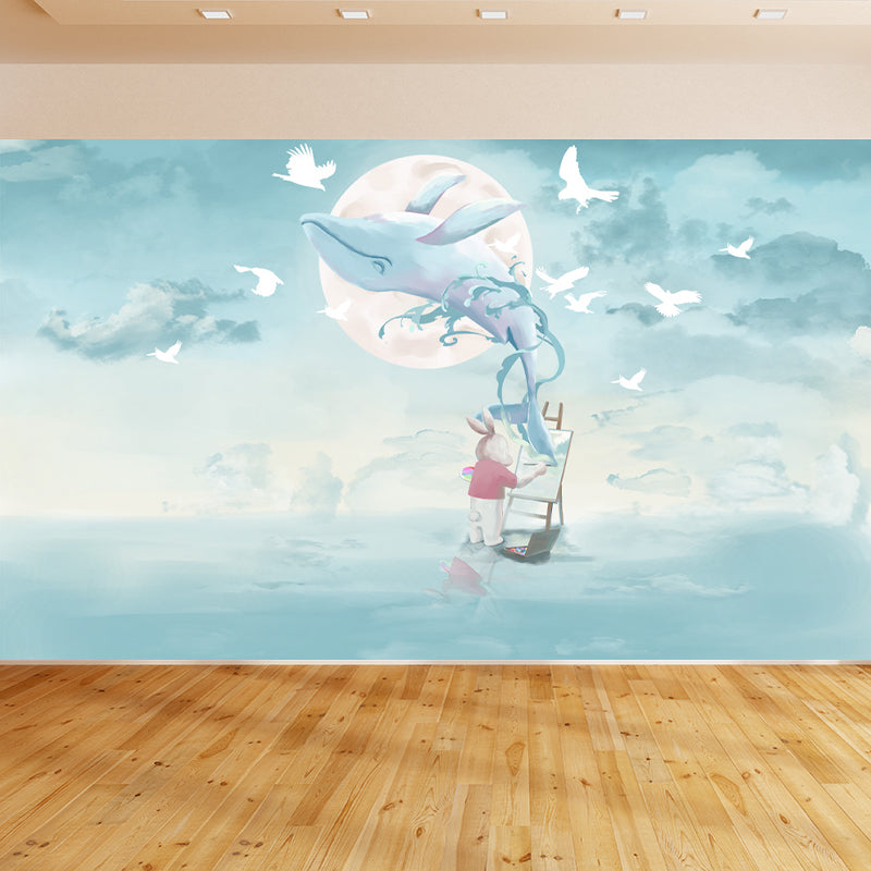 Extra Large Whale Mural Soft Color Non-Woven Wall Art for Kids Bedroom, Personalised