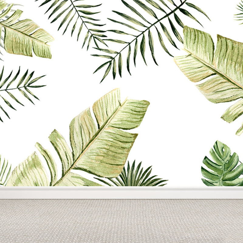 Light Color Diverse Leaves Mural Moisture Resistant Tropical Living Room Wall Covering