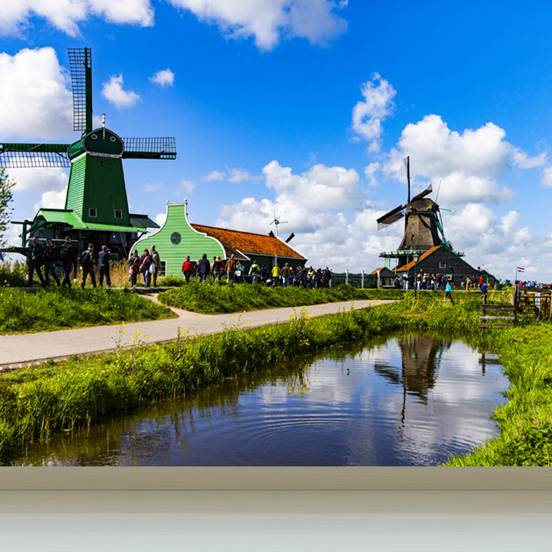 Relaxing Windmill and Cloud Mural Decal for Living Room, Blue, Custom Size Available