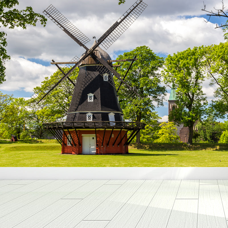 European Windmill Mural Wallpaper for Dining Room Summer Wall Decor, Custom Printed