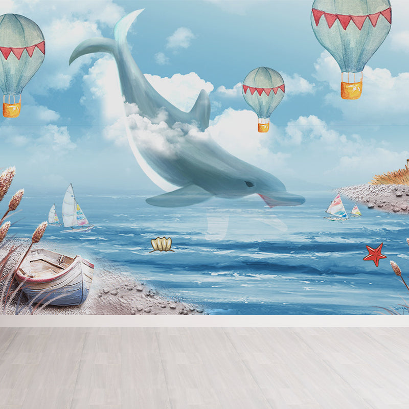 Whale and Sea Mural Decal Pastel Color Children's Art Wall Covering for Kids Room