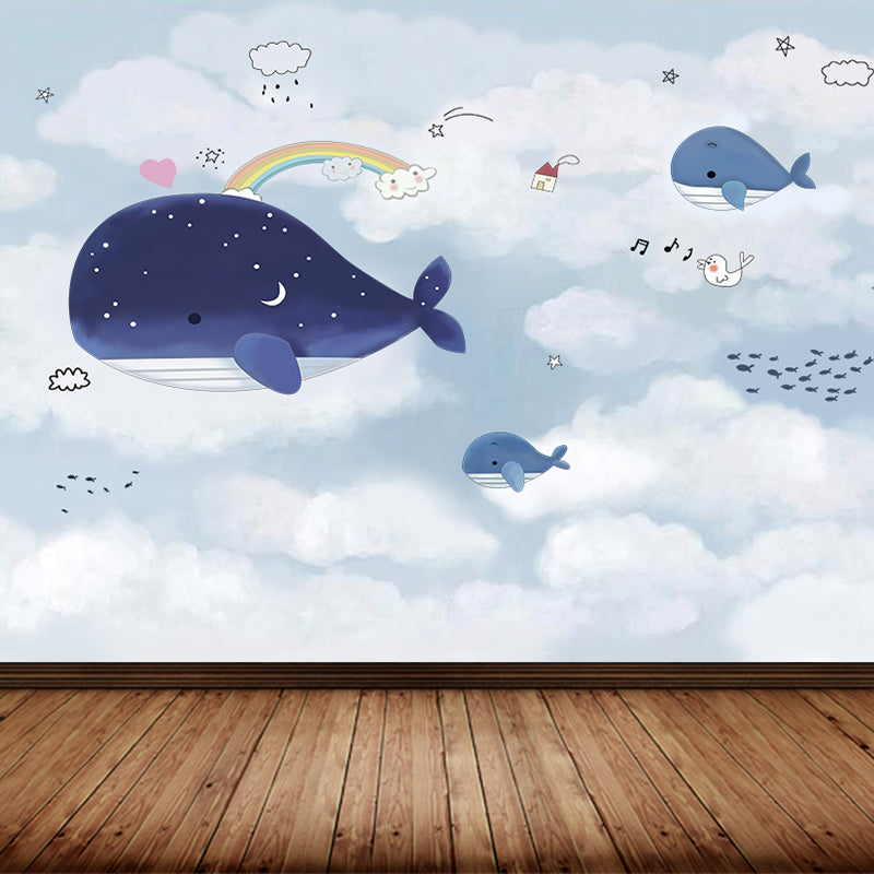 Decalcomania murale impermeabilizzante in colore chiaro con grande balena in stile per bambini, per la cameretta dei bambini