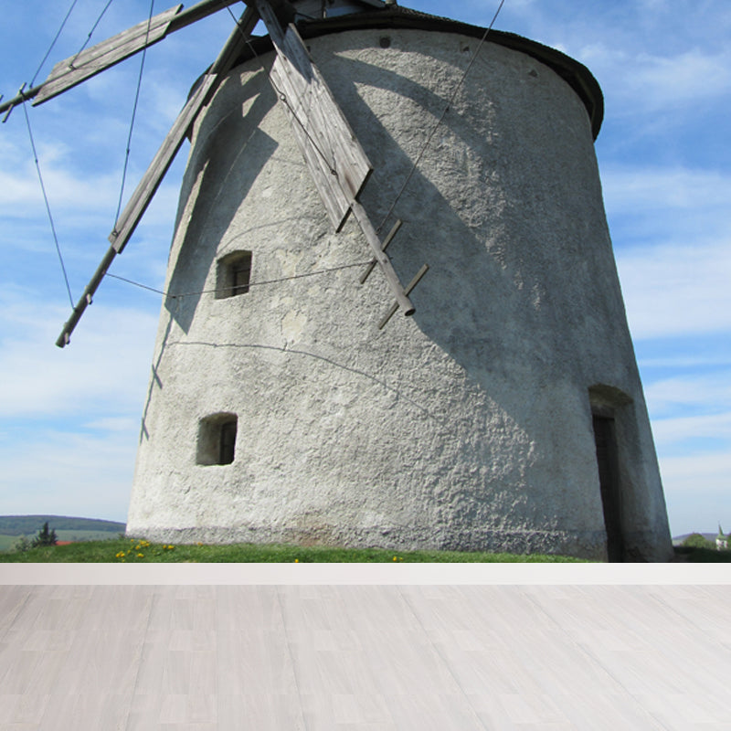 Giant Contemporary Wall Mural in Blue Windmill and Sky Scene Wall Decor, Custom Printed