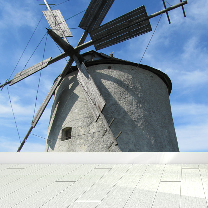 Giant Contemporary Wall Mural in Blue Windmill and Sky Scene Wall Decor, Custom Printed