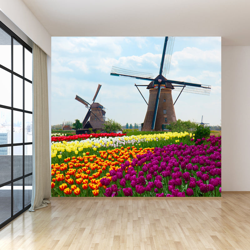 Large Static Windmill Mural Wallpaper Modern Landscape Wall Decor in Light Color