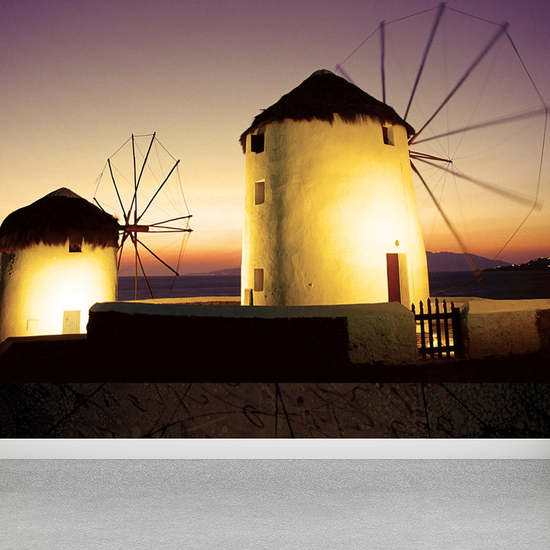 Large Static Windmill Mural Wallpaper Modern Landscape Wall Decor in Light Color