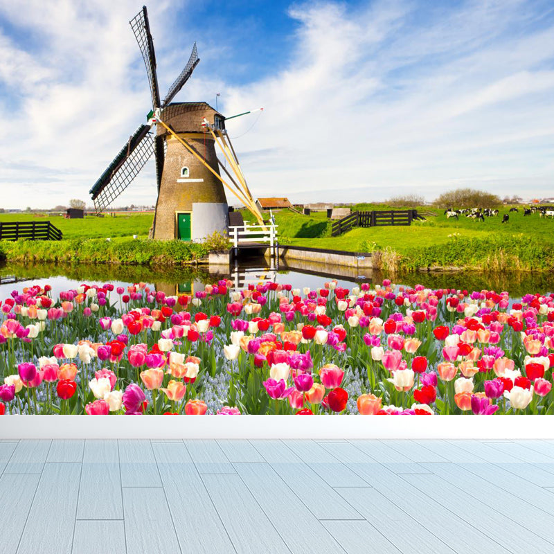 Large Static Windmill Mural Wallpaper Modern Landscape Wall Decor in Light Color