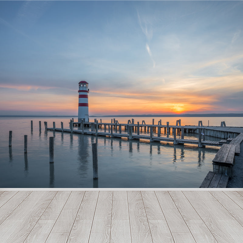 Large Shining Beacon Mural Wallpaper Nautical Seaside Landscape Wall Art in Blue