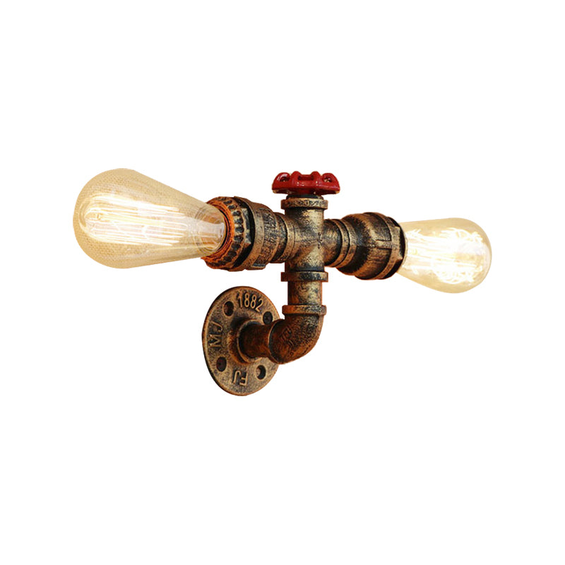 Bronze/Antique Brass 2 Heads Wall Light Fixture Warehouse Style Wrought Iron Bare Bulb Sconce Lamp with Pipe and Valve