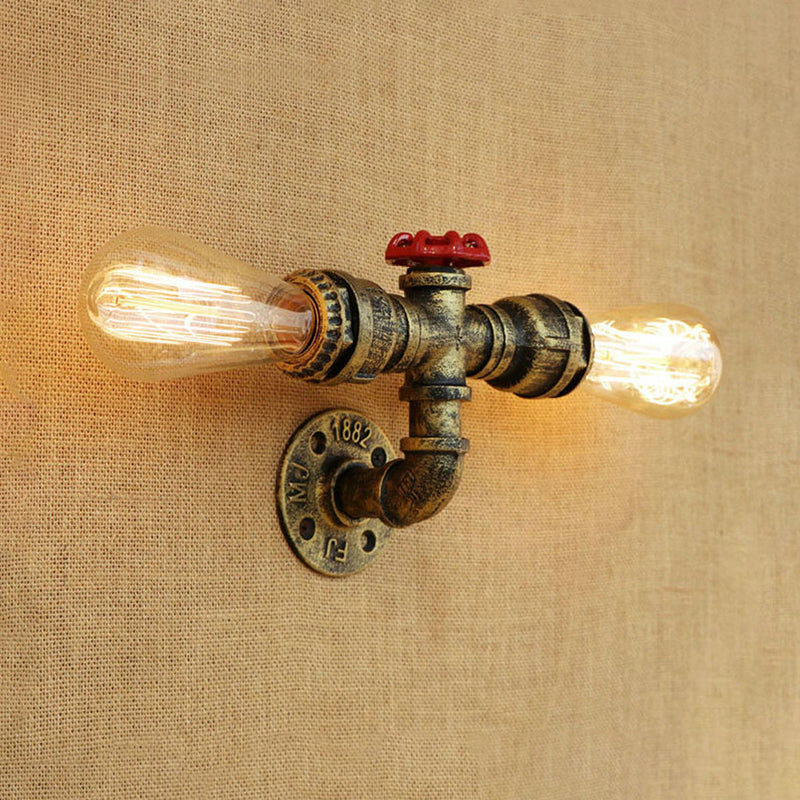Bronze/Antique Brass 2 Heads Wall Light Fixture Warehouse Style Wrought Iron Bare Bulb Sconce Lamp with Pipe and Valve