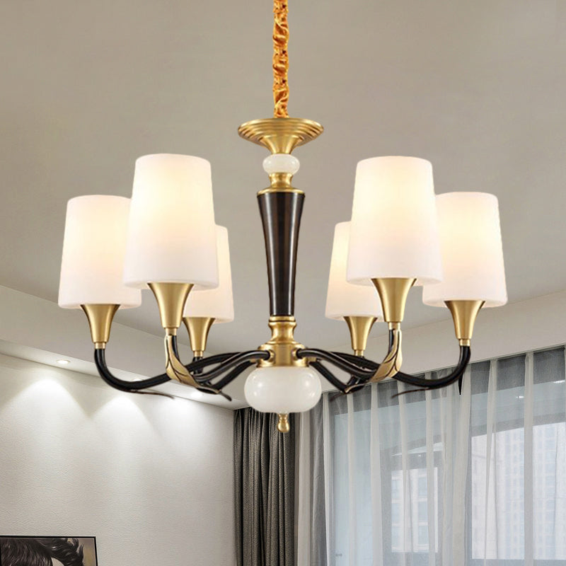 Melkachtig glas zwarte slinger lamp langwerpige kegel 6-licht landelijke hanger kroonluchter voor eetzaal
