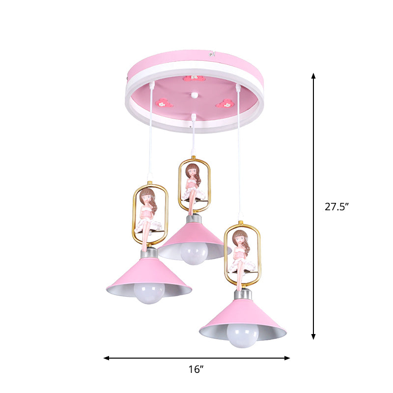 Metallic Bell Anhänger Light Kit Cartoon 3 Glühbirne Hängende Lampe mit Mädchendekor in Pink