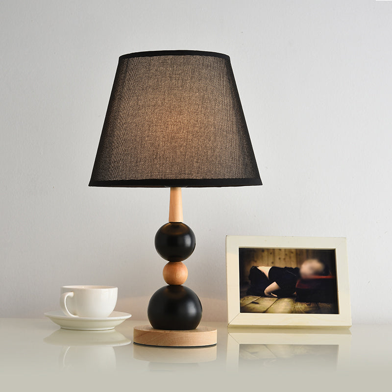 Modern Cone Desk Light Fabric 1-Head Study Room Table Lamp with Round Wooden Base in Black/White