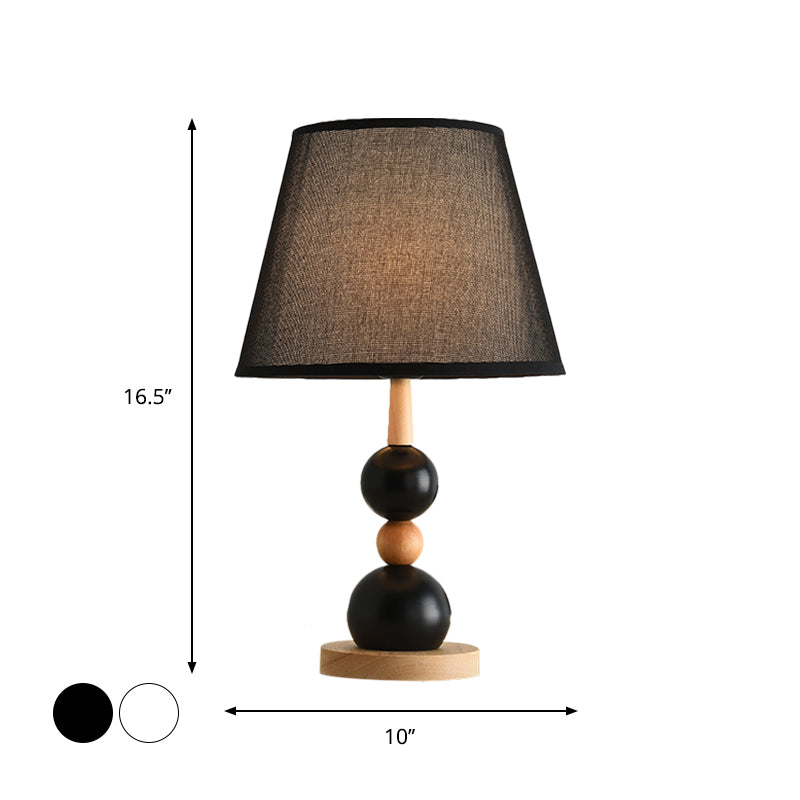 Modern Cone Desk Light Fabric 1-Head Study Room Table Lamp with Round Wooden Base in Black/White