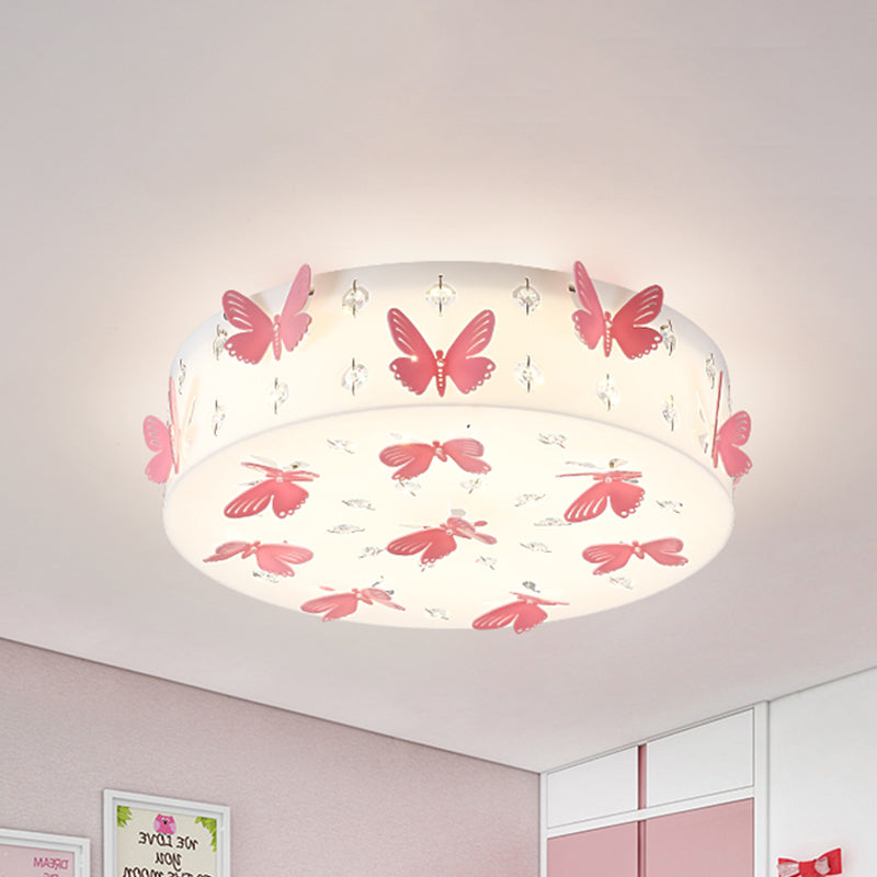 Round Flush Light Fixture Cartoon Fabric LED Pink Flush Mount with Dragonfly Decor in Warm/White Light
