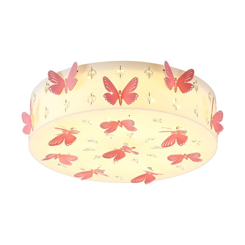 Round Flush Light Fixture Cartoon Fabric LED Pink Flush Mount with Dragonfly Decor in Warm/White Light