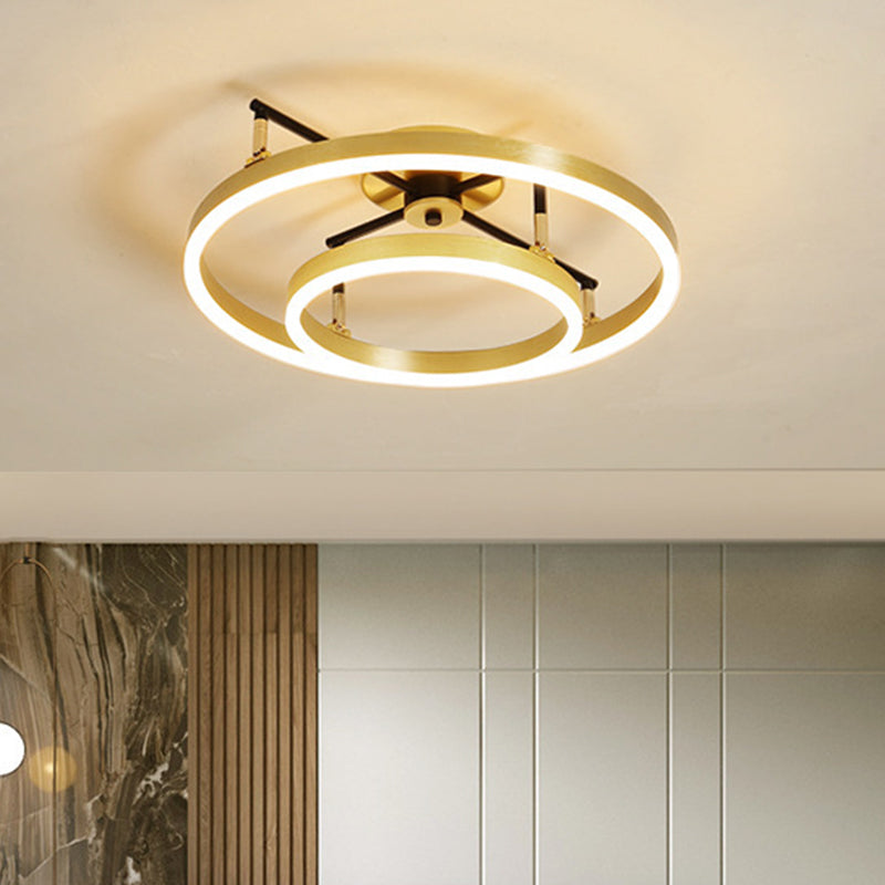 Gold Double Hoop Semi Flush Mount Lamp Simple LED Metallic Ceiling Light Fixture in Warm/White Light, 19.5/23.5 Inch Wide