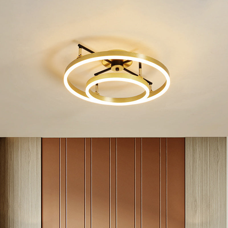 Gold Double Hoop Semi Flush Mount Lamp Simple LED Metallic Ceiling Light Fixture in Warm/White Light, 19.5/23.5 Inch Wide