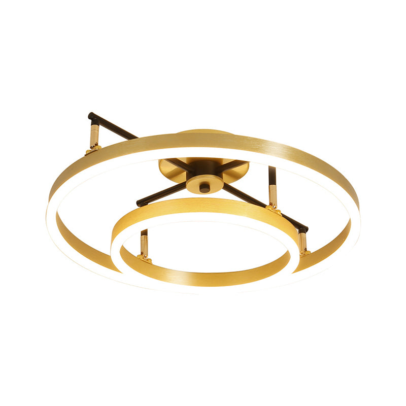 Gold Double Hoop Semi Flush Mount Lamp Simple LED Metallic Ceiling Light Fixture in Warm/White Light, 19.5/23.5 Inch Wide