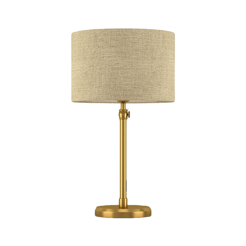 Illuminazione da lettura a cilindro in tessuto stile retrò con luce da comodino a testa singola dorata per soggiorno
