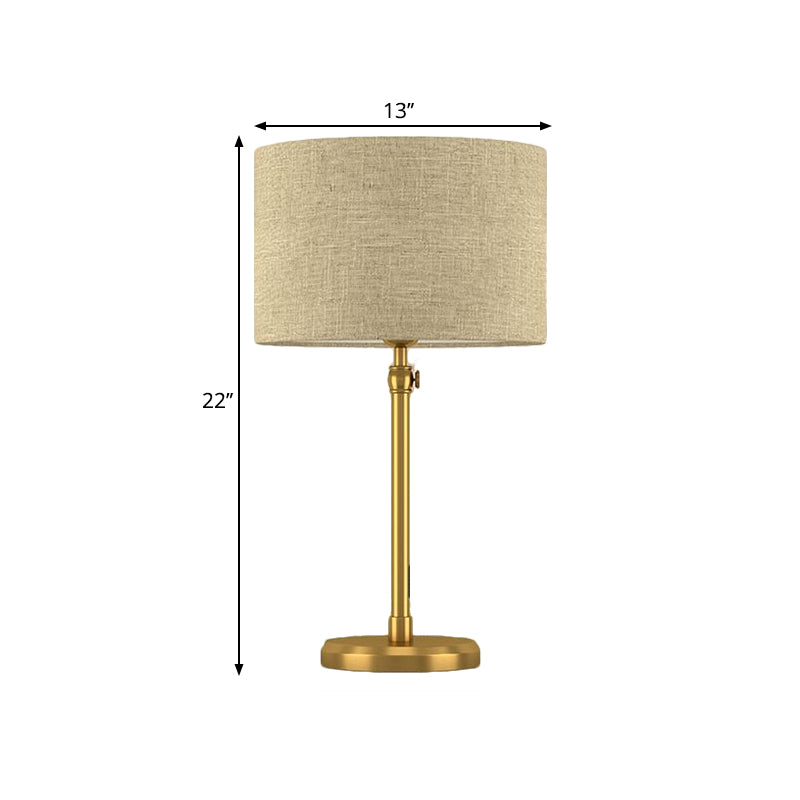 Illuminazione da lettura a cilindro in tessuto stile retrò con luce da comodino a testa singola dorata per soggiorno