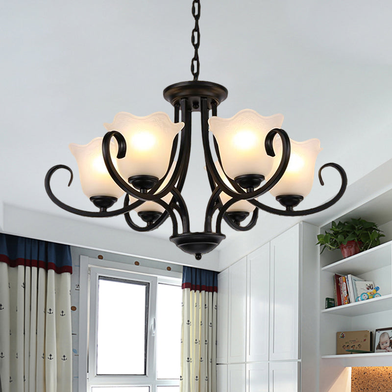 Black 4/6/8 Bulb Plafond Chandelier entrepôt de fleur en verre givré kit léger léger avec bras de défilement