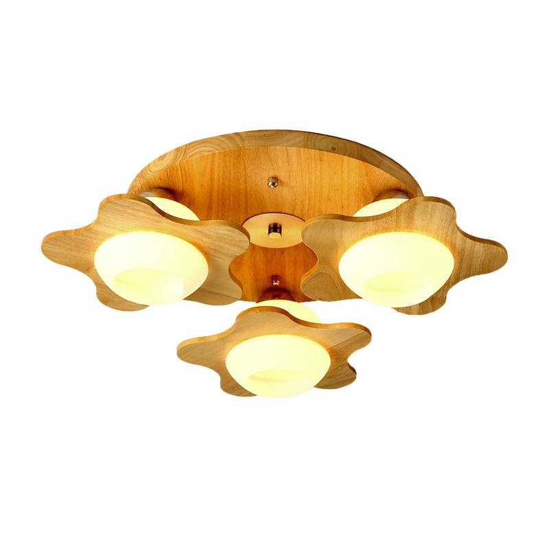 Wood Floral Semi Mount Modern 3/5 Lights Beige Flushmount Lighting with Sphere Milk Glass Shade