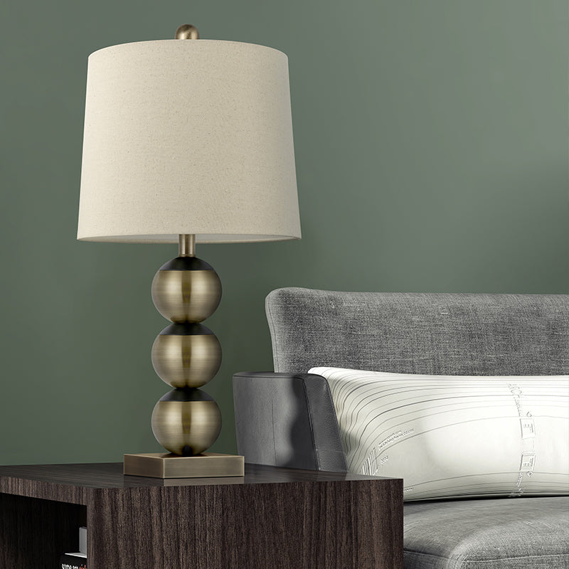 1 Head Barrel Night Light Traditional Brown Fabric Reading Book Lighting with 3 Brass Orbs Design